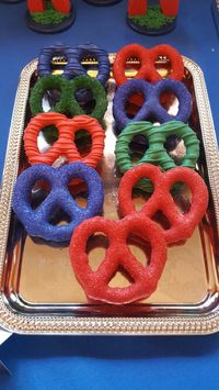 Chocolate covered pretzels for PJ Masks themed party