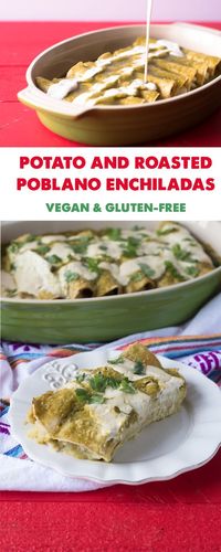 These Potato and Roasted Poblano Enchiladas are inspired by classic Mexican papas con rajas. Perfect for serving at your next fiesta or Cinco de Mayo!