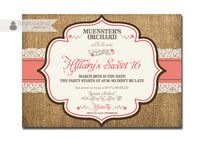 Sweet 16 Birthday Invitation Lace Burlap Chic Rustic Typography Sixteen Coral Pink Brown Printable DIY or Printed - Hillary Style by digibuddhaPaperie