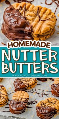 These Nutter Butter Cookies are an addictively delicious homemade version of classic peanut butter sandwich cookies! Crisp peanut butter cookies sandwiched together with creamy peanut butter filling, dipped in chocolate and finished with a sprinkle of flaky sea salt. So good!