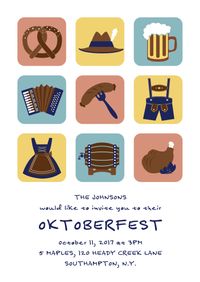 Invite to an Octoberfest party in style with beer, sausage, pretzels and traditional wear. Invite online or order paper cards. Both options offer online registration and guest management services.