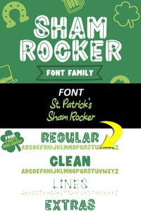 Shamrocker is a hand-lettered font and is perfect for all of your design work including St. Patty’s Day decorations, t-shirts, mugs, party banners, school activity sheets, print on demand products.