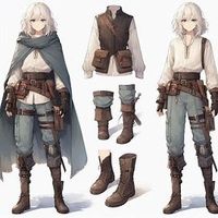 anime art style, soft watercolors, female with white blonde hair that is to her shoulders, blue eyes, pale skin, a sturdy leather vest over a simple, comfortable light blue tunic, durable trousers with reinforced knees and pockets, well-worn sturdy boots, a belt with pouches and a dagger, a cloak - Image Creator in Bing