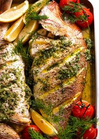 Whole Baked Fish - Snapper with Garlic & Dill Butter Sauce