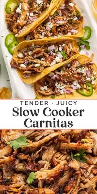 Tender pork, slow-cooked to juicy perfection, then quickly browned for deliciously crisp edges. This slow cooker carnitas recipe couldn't be easier or more incredible, made with a simple spice blend and simmered in citrus juices with a handful of aromatics. I've been making this Crockpot pork carnitas for years and it's still a huge hit in my house!