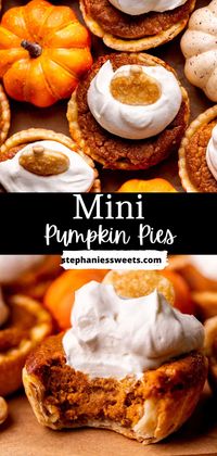 These mini pumpkin pies are easy to make pies made in a muffin pan. They have a flaky pie crust, a really creamy pumpkin pie full of spices, and are topped with homemade whipped cream.