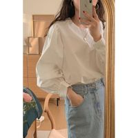 French Retro Puff Sleeve Blouse Round Neck Solid Color Long Sleeve Shirt | Shopee Malaysia