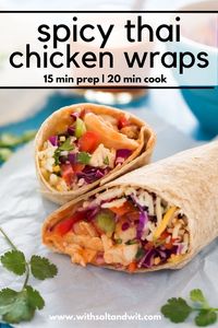 You will fall in love with these spicy easy thai chicken wraps with sriracha honey sauce! These are a healthy lunch ideas for work and even a healthy quick dinner idea for busy nights! The ingredients hold well so make sure to add to your meal prep for the week! #chickenwraps #quicklunchideas #healthychickenrecipe #easychickenrecipe #mealprepideas