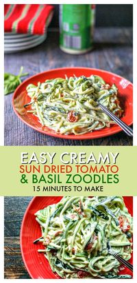 These easy creamy sun dried tomato & basil zoodles only take 15 minutes to make. The zucchini noodles have a creamy garlic, basil and sun dried tomatoes sauce that is decadent and delicious. #lowcarb #pasta #zucchini #zoodles #basil #creamypasta #keto #lowcarbdieting #sundriedtomato #vegetarian #glutenfree