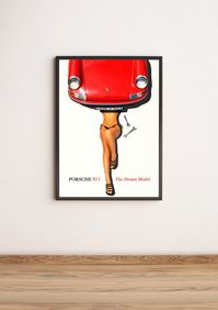 Porsche 911 Poster: The Dream Model This piece captures a timeless beauty appreciated by all car lovers. This vintage Porsche 911 incorporates a fine elegance alongside the bold beauty and power of the female figure. Two models, both symbolising style, grace and power come together to create the statement piece for both automotive enthusiasts and art collectors alike. Digital Download By purchasing as a digital download you may print the poster at any size using our digital file, giving you the