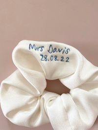 ---- Personalised Bridal Scrunchies ---- Perfect for Hen Dos, Pre wedding day celebrations, gifts for the Bride & even the big day itself!  All Scrunchies are handmade from a beautiful quality of bridal satin and embroidered with a personalised message of your choice! Get in touch if you have any questions!!  Visit our Shop to see the whole Bridal Range!  All Love Craft Do products are Designed and made by Mother & Daughter Duo Kim & Jasmine.  To follow our journey please follow us on instagram