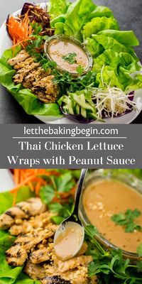 Thai Chicken Lettuce Wraps with Peanut Sauce – Perfect as a Light Dinner or a Fancy Appetizer. Loads of veggies, combined with grilled chicken and the Peanut Sauce will please even the pickiest eaters. The Thai Peanut Sauce can be used not just for Thai Lettuce Wraps, but for Salads and even Thai style pasta.