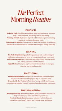 Kickstart your day with the Ideal Morning Routine. Nourish your physical wellness with a healthy breakfast and exercise, foster mental wellness with meditation and gratitude practice, nurture emotional wellness with self-affirmations, and promote environmental wellness by respecting your surroundings. Start your day right for an energized, productive, and peaceful day.  perfect morning routine, physical wellness, mental wellness, emotional wellness, environmental wellness, breakfast, exercise, meditation, gratitude practice, self-affirmations, respect for environment, energized day, productive day, peaceful day, women wealth and wellness club