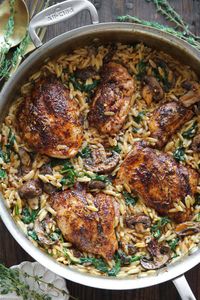 Creamy Chicken Orzo with Mushrooms and Spinach.