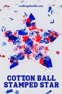 Making this easy patriotic cotton ball stamped star is a great activity for kids. This is a great Memorial Day craft for kids. Easy craft for toddlers, preschoolers and older kids. #memorialday #preschool #toddlers #kidscrafts #memorialdaycrafts #preschoolcrafts #patrioticcrafts #summercrafts