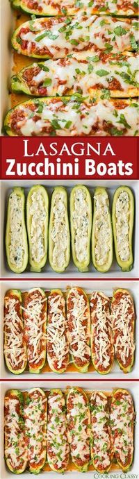 Cut the carbs with this healthy, vegetable-rich, gluten-free lasagna zucchini recipe! Now you have a great use for those huge zucchinis from your garden - for long, cheesy lasagna zucchini boats (though you can use zucchini of any size.) | Cooking Classy