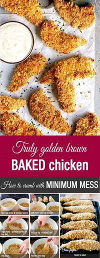 Truly Golden and Crunchy Baked Breaded Chicken Tenders (Crumbed) - how to make breaded / crumbed chicken in the oven that come out evenly golden and with out getting your fingers caked with batter and breadcrumbs.