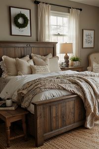 Elegant yet cozy farmhouse bedroom designs that combine classic charm with modern comfort. Use timeless furniture, soft lighting, and rustic details to create a refined and relaxing space. #ElegantDecor #FarmhouseDesign #CozyHome