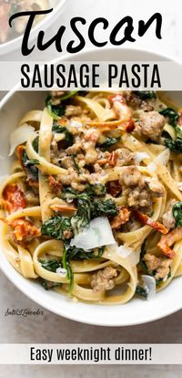 This easy pasta recipe has Italian sausage, sun-dried tomatoes, baby spinach, and basil nestled into the most amazing garlic cream sauce. Serve it over your favorite pasta and enjoy this incredible weeknight dinner. It's ready in under 30 minutes and everyone will LOVE it!