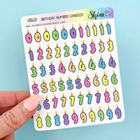 "This listing is for our birthday number candle stickers. These are about .625\" tall and there are 6 of each number, one in each of our Shine palette colors. Pair these with the Birthday Cake Stickers to create the complete design shown in the second photo."