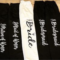 Listing Includes One Pair Of Personalized Sweatpants Your Choice Of Color Perfect Addition To Your Wedding Day Great Gift Idea For Your Bridesmaids *Made With *Please Visit My Shop To Bundle And Save$ On Shipping! Receive A 10% Discount On Purchases Of Three Or More Items. * No Cancellations. Please Read Each Listing Carefully!!! *Most Of My Items Are Handmade And Can Be Customized, No Two Pieces Are Alike . Each Piece Has Its Own Imperfections Which Is What Makes Them Unique.... Sometimes Embel