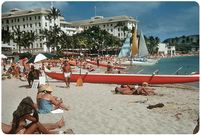 Waikiki Beach, Honolulu, Hawaii – 1959    Here's a great slide of the Moana Hotel, considered to be the "First Lady of Waikiki." The opening of this hotel in 1901 is also considered to be the birth of tourism in Hawaii.