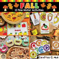 12 Fall fine motor skills printable activities on 24 pages. You can use these with your toddlers or preschoolers for homeschool, daycare or as a preschool teacher. Your kids will love these educational learning activities! They are fun and soo adorable!!12 activities included:1. Scissors practice2. Tracing on a sensory tray with the alphabet3. Hole Punching with colors4. Bead threading with numbers5. Tweezer Sensory Bin with apple shapes6. Fall Playdough Mats7. Prewriting Activity with stickers