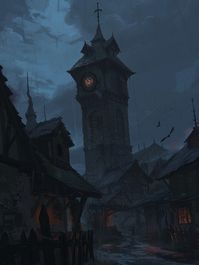 Overlooking a haunted village, a gothic clock tower stands as a sentinel of doom. Rusted gears turn slowly, marking the passage of cursed time. Ominous shadows dance beneath the cracked face of the clock. The villagers speak of a dark pact made to keep the tower’s sinister power at bay.