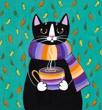 Autumn Coffee Cat Original Folk Art Painting by KilkennycatArt (Ryan Conners)