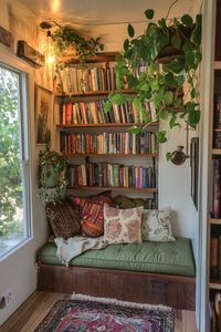 Tiny House Library. Draping fig plant over walnut floating shelves, green Moroccan floor cushions.  Welcome to a world where art, creativity, and minimalist living collide. If the word 'boho' makes your heart flutter and the thought of tiny libraries sends your mind spiraling into a world of imaginative exploration, prepare for a captivating journey. Step into an enchanted universe of 53 innovative and awe-inspiring…  Read more: https://tastyinteriors.com/generated-post-53-boho-tiny-house-library-ideas/