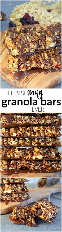 The best dang homemade granola bars ever! Stuffed full of toasted oats, seeds, dried fruit, nuts, honey, maple syrup, and dark chocolate. These are a staple around here! The active cook time in this recipe is short but you will need to allow time for the bars to set up.