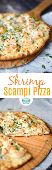 Shrimp Scampi Pizza topped with a light garlic-lemon sauce, shrimp, and cheeses. © COOKING WITH CURLS