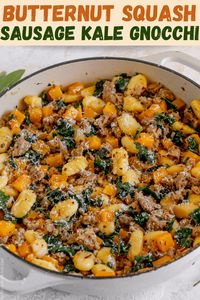 This one skillet butternut squash, sausage and kale gnocchi comes together in under 30 minutes and is so easy to make! Tender butternut squash, hot Italian sausage, lacinato kale, sage, thyme, and pillowy soft gnocchi. This butternut squash gnocchi is the perfect fall pasta dish.