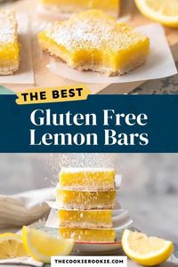 Lemon Squares (Gluten Free Lemon Bars) are the easiest and best lemon bar recipe, and they just so happen to be gluten free! These lemon squares are one of our favorite easy gluten free desserts. Thick, creamy, tart, and utterly delicious; The Best Lemon Bars you'll ever taste. #thecookierookie #lemonsquares #lemonbars #dessert