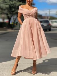 A-Line Prom Dresses 1950s Dress Homecoming Tea Length Sleeveless Off Shoulder Tulle with Pleats 2023 2023 - US $137.99