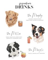 "SIGNATURE DRINK MENU for your wedding or special event  Bespoke hand-drawn portraits of your beloved pets next to their signature drink! This cocktail menu is the perfect way to incorporate your furry friends as part of your special day! All portraits are hand drawn digital watercolors (drawn using Procreate) and listing includes up to three pets/drinks.  Drinks will be designed to match drink descriptions provided by Client to extent possible.  Drink names and descriptions to be provided by Client.  Proof of completed menu will be provided for Client review prior to printing and shipment. Modifications are limited to drink appearance and descriptions/spelling/layout of menu  - pet portraits are the artist's interpretation and cannot be altered once completed. Two minor revisions are incl