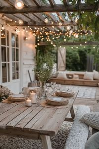 "Transform your backyard with a Rustic Outdoor Dining Area! 🍽️🌾 Ideal for adding charm and warmth to your outdoor meals. 🌿✨ #RusticOutdoor #DiningInspo #GardenDecor"