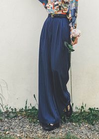 Women Blue High Waist Striped Draping Wide Leg Pants SpringFabric: Cotton BlendedSize & Fit: This garment fits true to size.Length: Size S measures 42.12"from waist to hem.Waist:Fitted - very fitted at natural waist Hip: Loosely Fitted. room for hips. Hand Wash Cold.