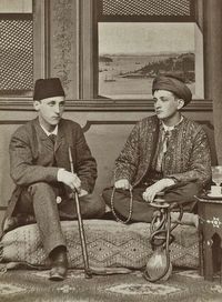 Male fashion in Istanbul, at the end of the 19th century: westernized Ottoman (on the left) and traditional Ottoman (on the right).