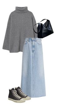 grey oversized sweater, denim skirt , converse