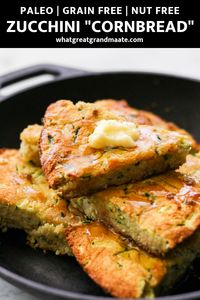 This delicious and easy paleo zucchini cornbread recipe is made without grains or corn, but still has that cornbread flavor and packed with healthy zucchini! You can't taste the zucchini at all so it's a great way to sneak in veggies for kids. #paleocornbread #paleobaking #grainfreebaking #nutfree #kidfriendly #glutenfree #cornbread #healthysidedish #summersidedish #dairyfree #cornbreadrecipe #coconutflourbread