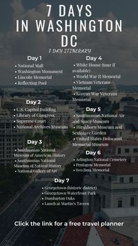 If you are going to be spending 7 days in Washington DC, here is a 7 day itinerary for Washington DC.  Click the link for a free travel planner.