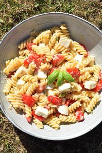 Salade de pâtes, tomates, baslic, parmesan, mozzarella