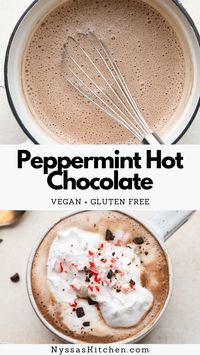 Tis the season for cozy drinks like peppermint hot chocolate! A delicious homemade hot cocoa that's easy to make and so much better than Starbucks. Naturally sweetened and made with your dairy free milk of choice (we love almond and cashew), two kinds of chocolate, and peppermint extract. A delicious holiday treat that's perfect for snowy days inside! Vegan, gluten free, and keto option.