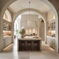 Luxurious taupe kitchen with arched ceiling, converted church, arched ceiling, kitchen with a high ceiling, beige kitchen