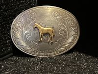 Vintage Tooled (Western Style) Nickle Silver Horse Belt Buckle by Justin Belt Co. Measures 2 3/4 x 3 3/4. fit up to s  1 1/2 belt.