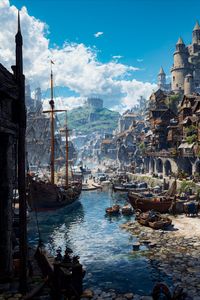 IG: iamSentient_ Towards the distance, nestled high atop rocky terrain stood formidable castle and bore its eternal watch over this lively port. Created in Midjourney & Stablediffusion #digitalart #digitalartwork #aiart #fantasyart #wallpaper #realms #landscapes #views #midjourney #midjourneyart #stablediffusion #harbour #videogame #videogamemap #fairytale #medieval #town #canal