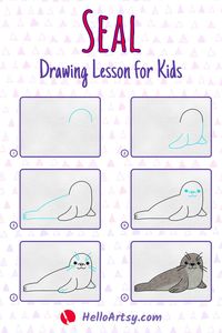 Draw easy seal for kids. Designed for children who desire to learn how to draw! Follow along with each illustration to create a seal drawing. Want to see the complete tutorial with a PRINTABLE GUIDE? It's completely FREE. CLICK THE PIN to ACCESS!!!