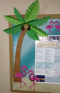 Tropical summer luau bulletin, classroom,  calendar board. Pink flamingo, palm tree, leis, Life's a beach cricut.