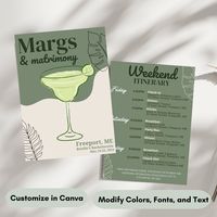 "The Ultimate 2024 Bachelorette Party Idea: \"Margs and Matrimony\" Invitation and Itinerary Template Looking for a fun and trendy idea for your upcoming bachelorette party?  Look no further than our \"Margaritas and Matrimony\" invitation and itinerary template! With a stylish design that can be customized to your liking, including the font, color, size, and text arrangement, you'll be able to create a unique and memorable bachelorette party experience. But wait, there's more! In addition to th